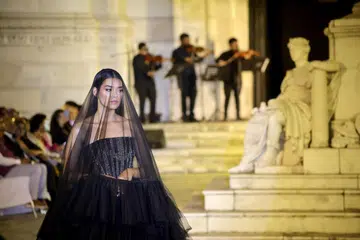 A model presents a creation by designer Rohan Pariyar during the Alta Moda Multi-Genre showcase.