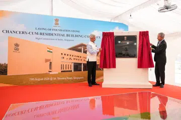 Dr S Jaishankar, Minister of External Affairs of India, and Dr Vivian Balakrishnan, Minister for Foreign Affairs of Singapore unveiled the plaque for a new office complex for the High Commission is being developed at 54 Stevens Road.