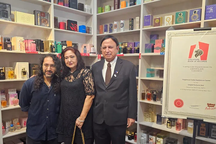 Sinoda shipping agency’s managing director and Singapore’s Honorary Consul-General to Malta Ashok Kumar Batura (right) with his wife Sarita and their son Aditya at the fragrance wall opening in Jurong West. 