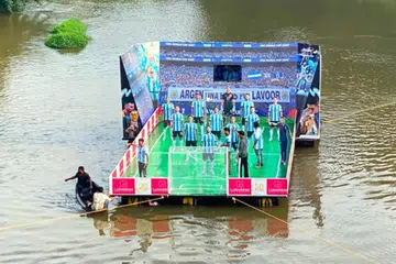 The floating mini-stadium built by Argentina fans in Kerala’s Pullavoor village. 