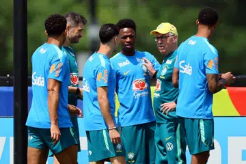 Brazil coach Carlo Ancelotti (in cap) giving tips to his players during a training session at the FIFA World Cup 2026.
