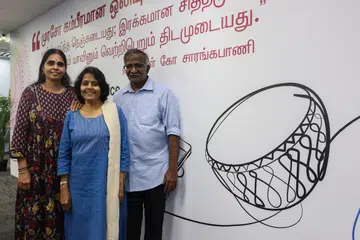 Tamil Murasu’s long-standing employees. From left: Mr A.S. Kunalan, Mdm P. Thenmozhi and Mdm K. Kanagalatha.