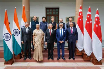 Singapore and India ministers at the Third India-Singapore Ministerial Roundtable in New Delhi. (In front, from left) Singapore’s Foreign Minister Vivian Balakrishnan, India’s Minister of Finance and Corporate Affairs Nirmala Sitharaman, Singapore’s Deputy Prime Minister Gan Kim Yong, India’s External Affairs Minister S. Jaishankar and Singapore’s Coordinating Minister for National Security K. Shanmugam; (back row, from left) Singapore’s Minister for Manpower Tan See Leng, India’s Minister of Commerce and Industry Piyush Goyal, Singapore’s Minister for Digital Development and Information Josephine Teo, India’s Minister of Electronics and Information Technology, Railways, Information and Broadcasting Ashwini Vaishnaw and Singapore’s Acting Minister for Transport Jeffrey Siow.
