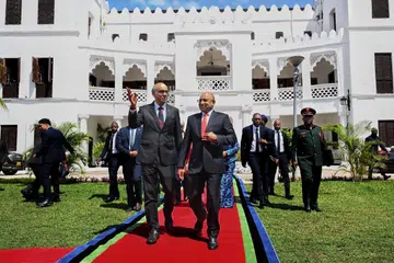 President Tharman Shanmugaratnam and Zanzibar President Hussein Ali Mwinyi at the Zanzibar State House, in Zanzibar, Tanzania on June 10.