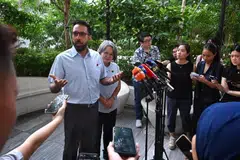 Pritam Singh and Sylvia Lim at the media doorstop on June 28.