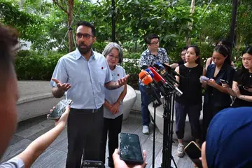 Pritam Singh and Sylvia Lim at the media doorstop on June 28.
