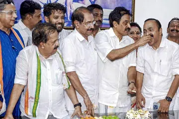 Senior Congress leaders, including the frontrunner for the chief minister’s post V.D. Satheesan, celebrating their party’s win in the Kerala Assembly elections.