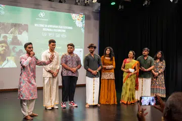 Director and screenwriter Ahas Kalai (far left) with the cast and crew of his short film, Athisayam.