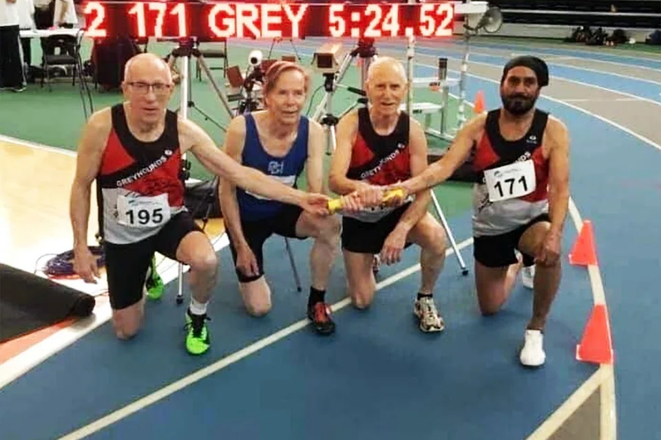The team that established a Canadian Masters M75 4×800m relay record in 2021. From left: Mr Piara Singh Bhullar, Mr Barrie Dargie, Mr Mark Stewart and Mr Pat Harton.