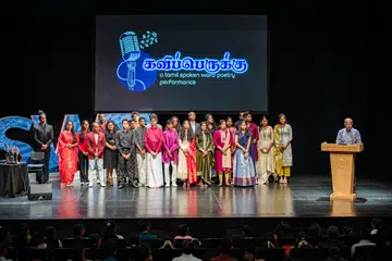 Guest of Honour MP Hamid Razak (far right) on stage with the youths who performed a Tamil spoken word poetry performance as part of the Singapore Writers Festival.