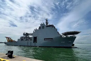 The Indian Navy’s Diving Support Vessel, INS Nistar, made its maiden port call at Changi Naval Base on Sept 14