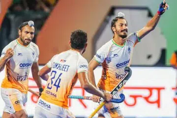 Indian players celebrate during their 4-1 win over South Korea in the Asia Cup final at Rajgir, Bihar, on Sept 7. 
