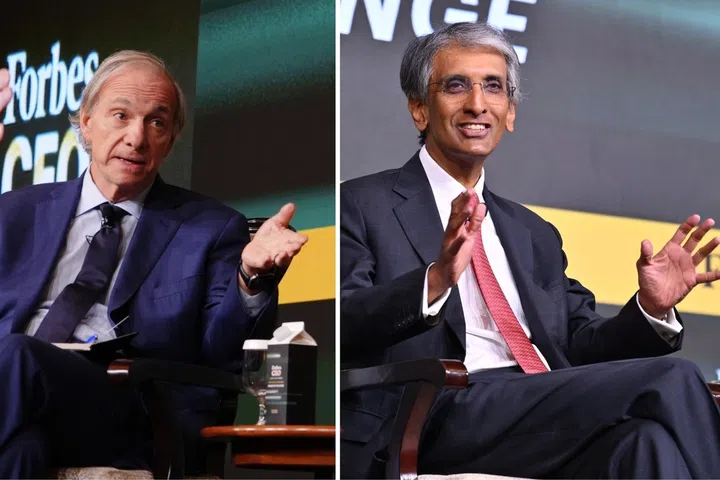 Billionaire investor Ray Dalio (left) and Temasek CEO Dilhan Pillay speaking at the Forbes Global CEO Conference 2026 on Oct 7.