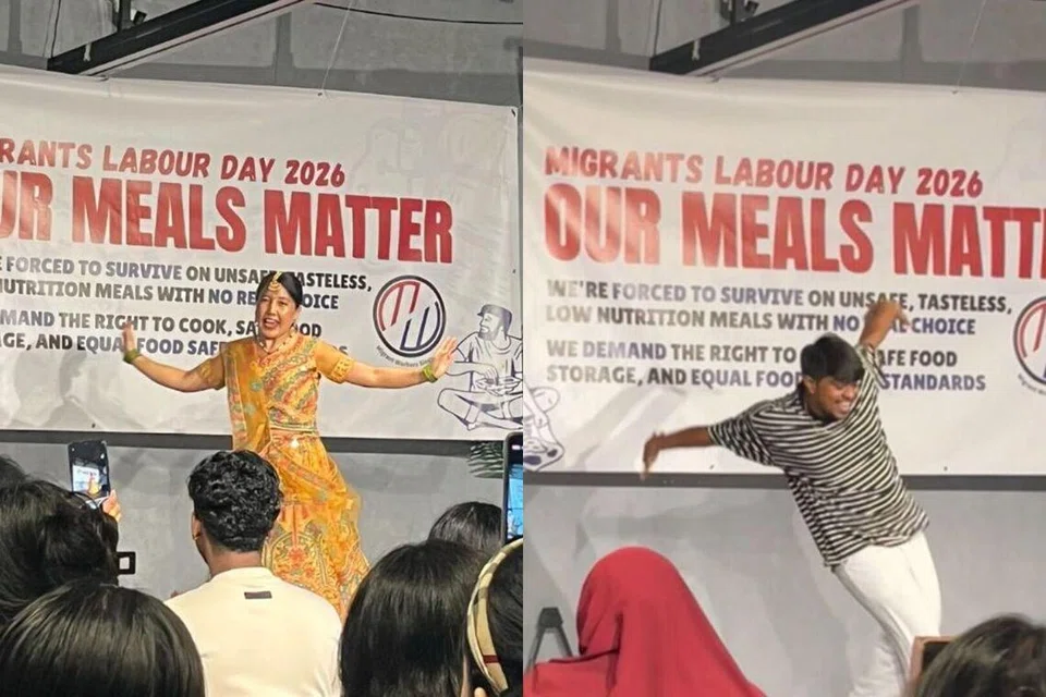 Indian dancers Nikita Roy and Bala Murugan performing at the Migrants Labour Day event.
