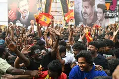 Fans celebrate during the theatrical release of film 'Jana Nayagan' starring actor and Tamil Nadu's Chief Minister C. Joseph Vijay, in Chennai