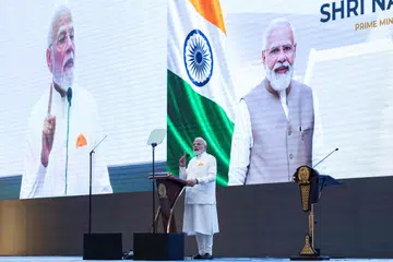 India's Prime Minister Narendra Modi delivers remarks at the parliament building in Jakarta on July 7, 2026.