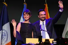 Mr Zohran Mamdani and wife Rama Duwaji at his election night watch party in New York City.