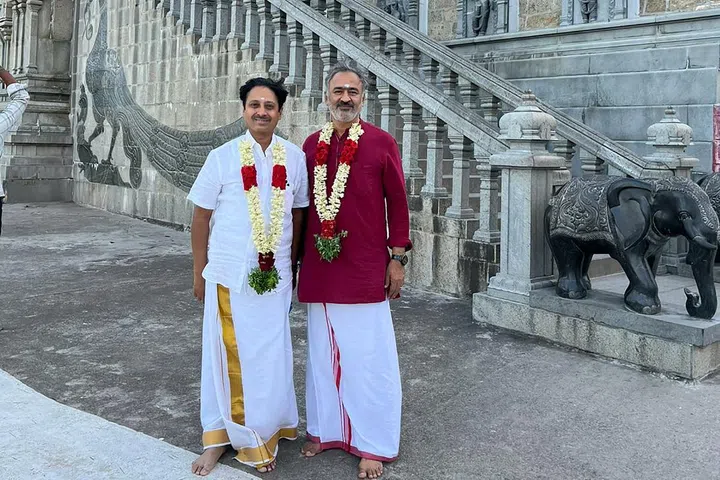 Mr Neelamani Muthukumar of the Neelamani Foundation (left) and Mr CA V Subramanian, the key people behind bringing the Koothapiran Navabharath Theatres troupe to Singapore.