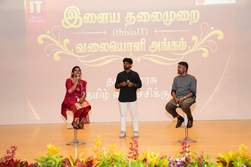 Featured in the live podcast discussion segment of Tamil Murasu’s ‘Ilaya Thalaimurai’ platform are (from left) Tamil Language Council Secretariat Head, Magahletchimi Amarthalingam, the segment’s host and Tamil Murasu Journalist, Yugesh Kannan, and Tamil Murasu’s Audience and Growth Editor, Venga Subramaniam.