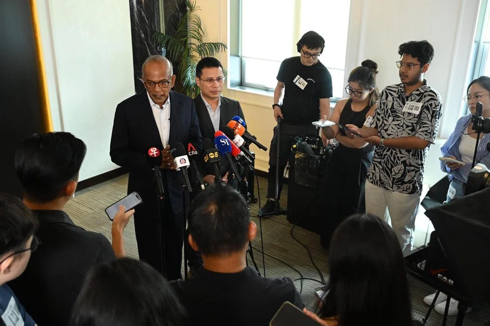 Senior Minister K Shanmugam, and Minister for Education Desmond Lee, giving a doorstop at MHA headquarters on July 27, 2026. Three Singaporean teenagers aged between 14 and 19 have been detained under the Internal Security Act (ISA). 