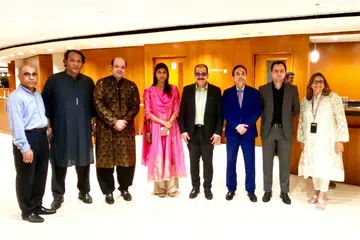Pakistan High Commissioner Rabia Shafiq (second from left) with the performers and guests at The Esplanade Theatre.