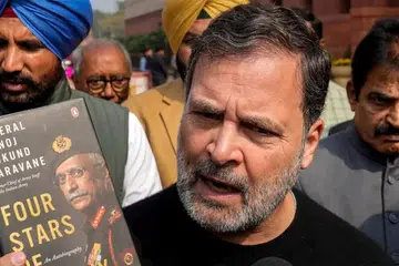 Leader of the Opposition Rahul Gandhi displaying former Army chief General M.M. Narvane’s memoir in the Parliament premises.