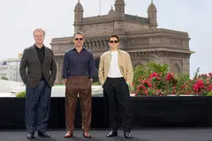 Christopher Nolan, Matt Damon and Tom Holland at The Odyssey photo call in Mumbai, India.