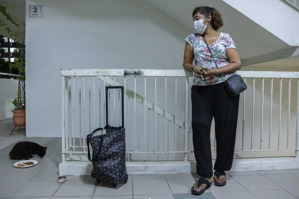 Ms Thara Jeyaraman, with a suitcase full of cat food, watching over a cat that she once helped sterilise, and which, according to her, hasn’t forgiven her.