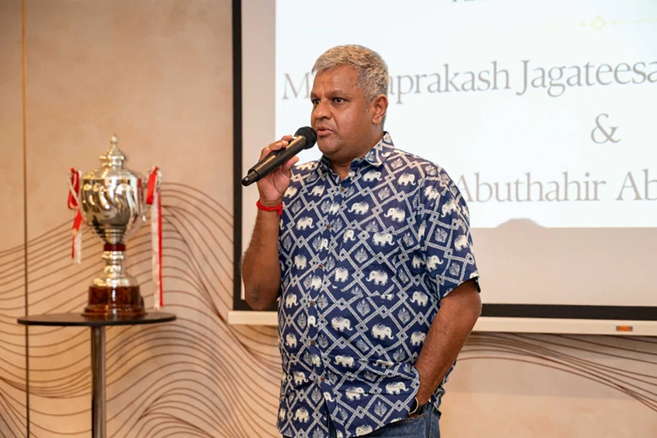 Mr Jayaprakash Jagateesan, Chairman of SIET, delivering his speech after the SIET-SINDA golf fundraiser tournament.
