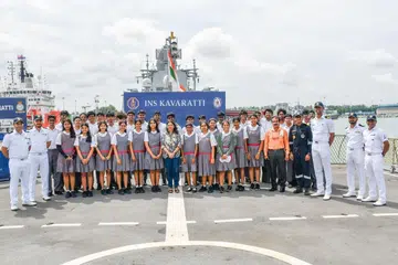 Students from Yuvabharathi International School went on board one of the three ships, INS Kavaratti, to learn about naval operations.