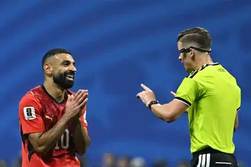 Egypt’s Mohamed Salah pleading with French referee Francois Letexier during the match.
