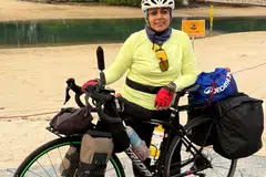 Dr Meera Velankar at Sentosa, before setting off on her journey of 7,000km.