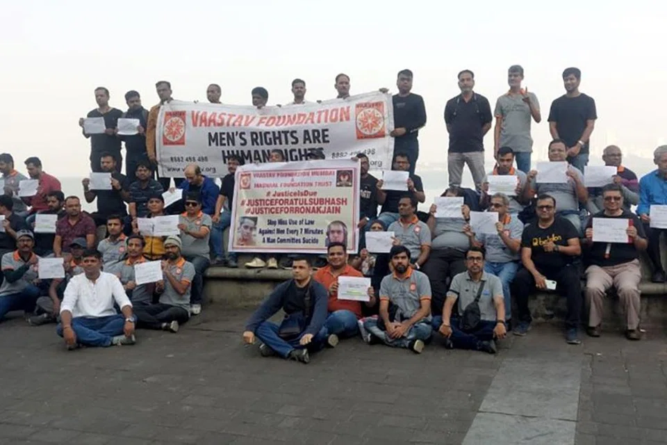 Men’s rights activists in Mumbai on Dec 15 at a sit-in demanding justice for Mr Atul Subhash, whom they claim died by suicide because of alleged false cases of domestic violence filed by his wife.