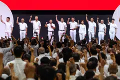 People's Action Party's (PAP) 39th Central Executive Committee consisting of Mr Zaqy Mohamad, Mr Vivian Balakrishnan, Mr Chee Hong Tat, Mr Masagos Zulkifli, Mr Lee Hsien Loong, Mr Desmond Lee, Mr Lawrence Wong, Mr Chan Chun Sing, Ms Grace Fu, Mr Ong Ye Kung, Mr Edwin Tong, Ms Indranee Rajah, and Mr Tan See Leng, singing the national anthem during the PAP Awards and Conference at Singapore Expo on Oct 25, 2026.