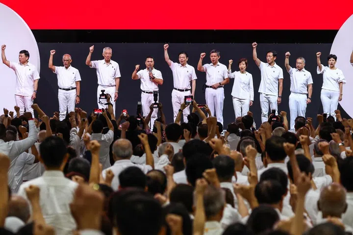 People's Action Party's (PAP) 39th Central Executive Committee consisting of Mr Zaqy Mohamad, Mr Vivian Balakrishnan, Mr Chee Hong Tat, Mr Masagos Zulkifli, Mr Lee Hsien Loong, Mr Desmond Lee, Mr Lawrence Wong, Mr Chan Chun Sing, Ms Grace Fu, Mr Ong Ye Kung, Mr Edwin Tong, Ms Indranee Rajah, and Mr Tan See Leng, singing the national anthem during the PAP Awards and Conference at Singapore Expo on Oct 25, 2026.