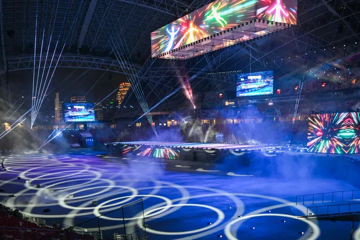 Drones on standby before the spectacular aerial performance and light show.
