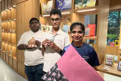 (From left) Mr Johnson Dass, Mr Abinesh Ramesh and Ms Anmol Bhojwani at the i’mable Collective Space, holding up the pieces they made or designed.