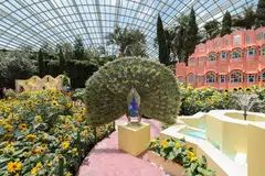 A key feature of Sunflower Surprise is the peacock sculptures adorned with over 550 feathers made from fabric and glass beads.