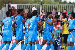 Indian players celebrating after their 8-1 drubbing of Malaysia at the Asian Champions Trophy in China.