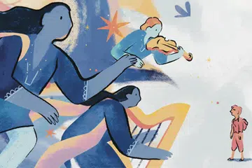 A digital illustration of a scene from Lord of the Rings: A Musical Tale, where the elves are serenading Frodo in Rivendell.