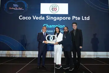 (From left) Minister Edwin Tong, Coco Veda’s founders Ms Simarna Singh, Mr Raj Singh, and Brands for Good chairperson Mr Garry Lam.