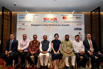 (From left) India’s High Commissioner to Singapore Shilpak Ambule, SBF-India Business Committee chairman Prasoon Mukherjee, Chhattisgarh Chief Minister Vishnu Deo Sai, Minister of State for Energy, Trade and Industry, and Foreign Affairs Gan Siow Huang and Haryana Chief Minister Nayab Singh Saini.