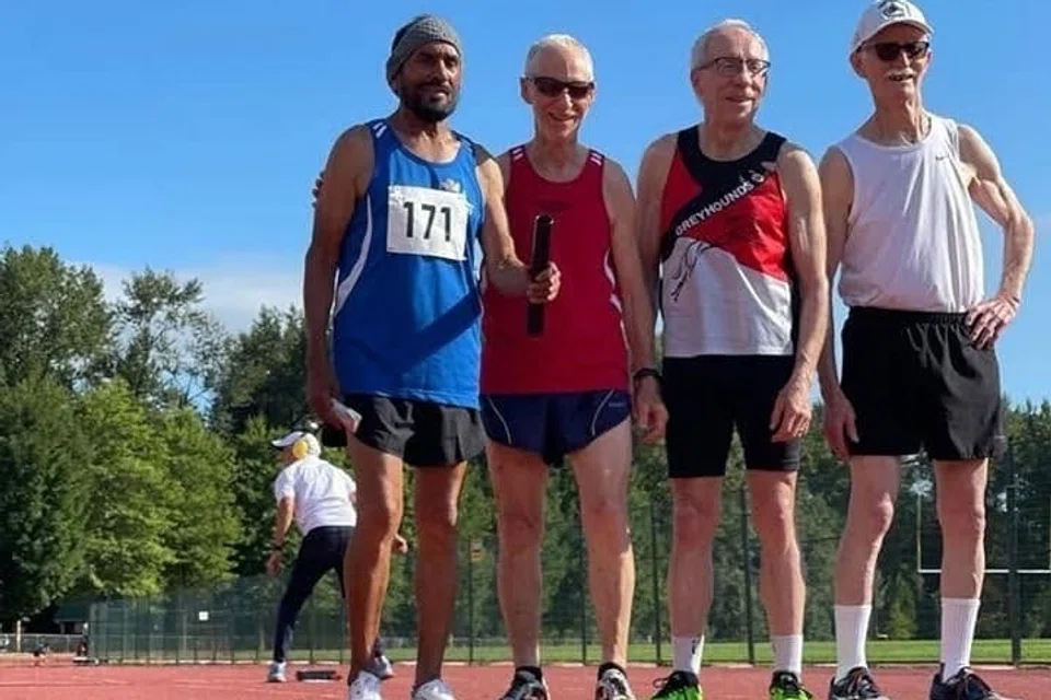 The team that established a Canadian Masters M75 4×800m relay record in 2021. From left: Mr Piara Singh Bhullar, Mr Barrie Dargie, Mr Mark Stewart and Mr Pat Harton.