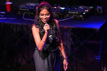 Rapper Abisha, a member of Tamil Nadu's first all-women rap group Sollisai Sistahs, performing onstage during the launch of the Indian multi-lingual rap album on climate crisis 'Climate Emergency Mixtape' at The Humming Tree in Bengaluru.