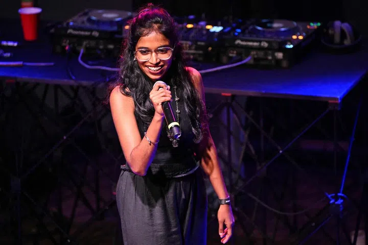Rapper Abisha, a member of Tamil Nadu's first all-women rap group Sollisai Sistahs, performing onstage during the launch of the Indian multi-lingual rap album on climate crisis 'Climate Emergency Mixtape' at The Humming Tree in Bengaluru.