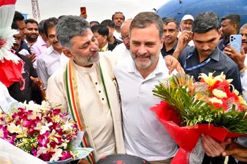Mr D. K. Shivakumar (left) with senior Congress leader Rahul Gandhi after taking oath as the 25th chief minister of Karnataka.
