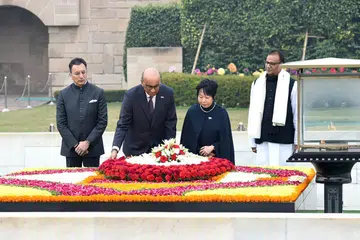 President Tharman Shanmugaratnam and his wife Jane Ittogi laying a wreath at the Mahatma Gandhi memorial in New Delhi on Jan 16. He is on a five-day visit to India to commemorate the 60th anniversary of diplomatic ties between the two countries.