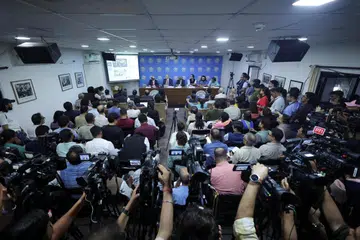 Members of the media record a virtual address (only audio) by former Bangladeshi prime minister Sheikh Hasina during a media interaction hosted by the Foreign Correspondents' Club of South Asia in New Delhi on Aug 5.