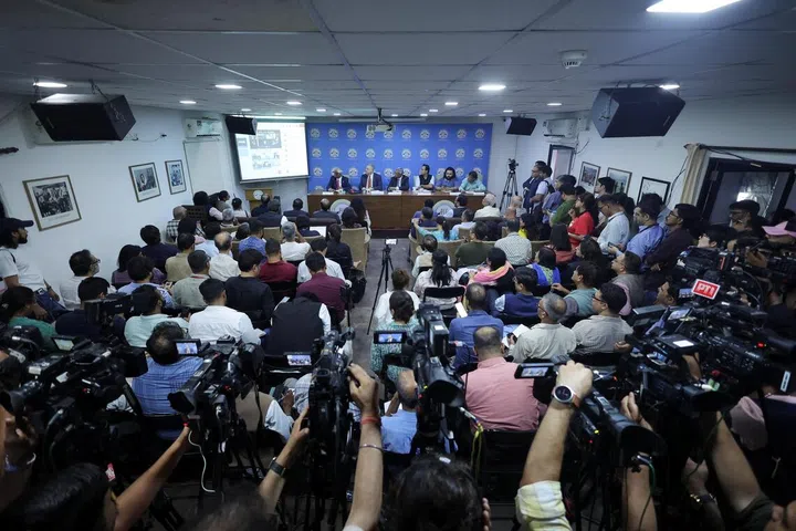Members of the media record a virtual address (only audio) by former Bangladeshi prime minister Sheikh Hasina during a media interaction hosted by the Foreign Correspondents' Club of South Asia in New Delhi on Aug 5.