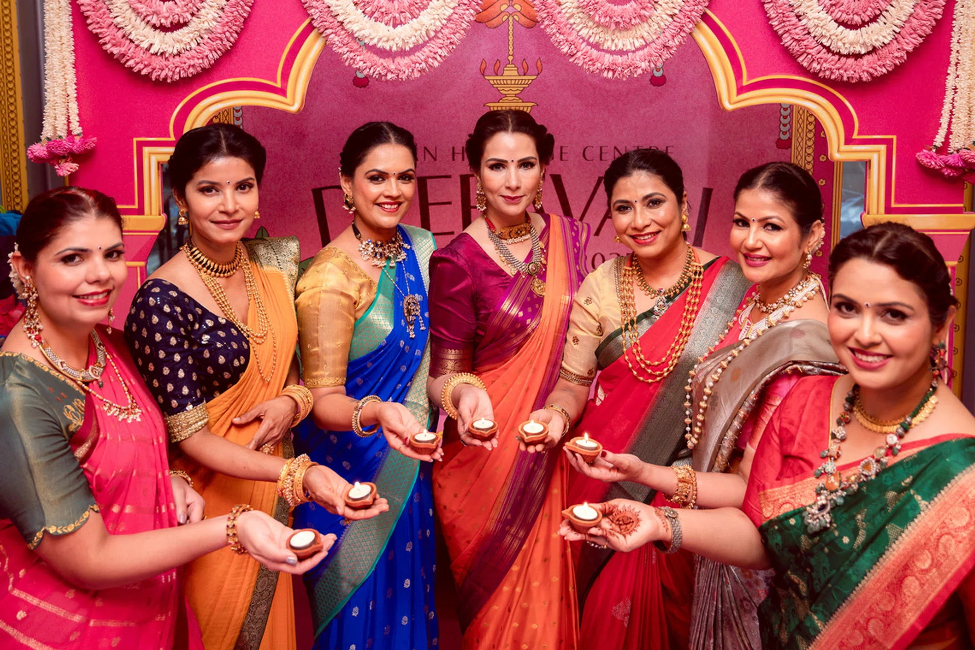 Capturing the true spirt of Deepavali at the Indian Heritage Centre are (from left) Ambica Doerr, Meena Bennett, Keerthi Pai, Anu Alex, Deepali Satpute, Anamika Ranjan and Isha Chaudhari.